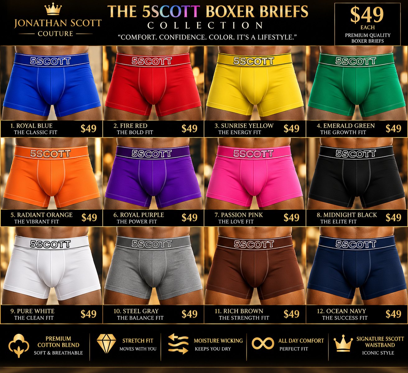 The 5Scott Boxer Briefs Collection: twelve boxer briefs with the 5SCOTT waistband in royal blue, red, yellow, green, orange, purple, pink, black, white, gray, brown, and navy