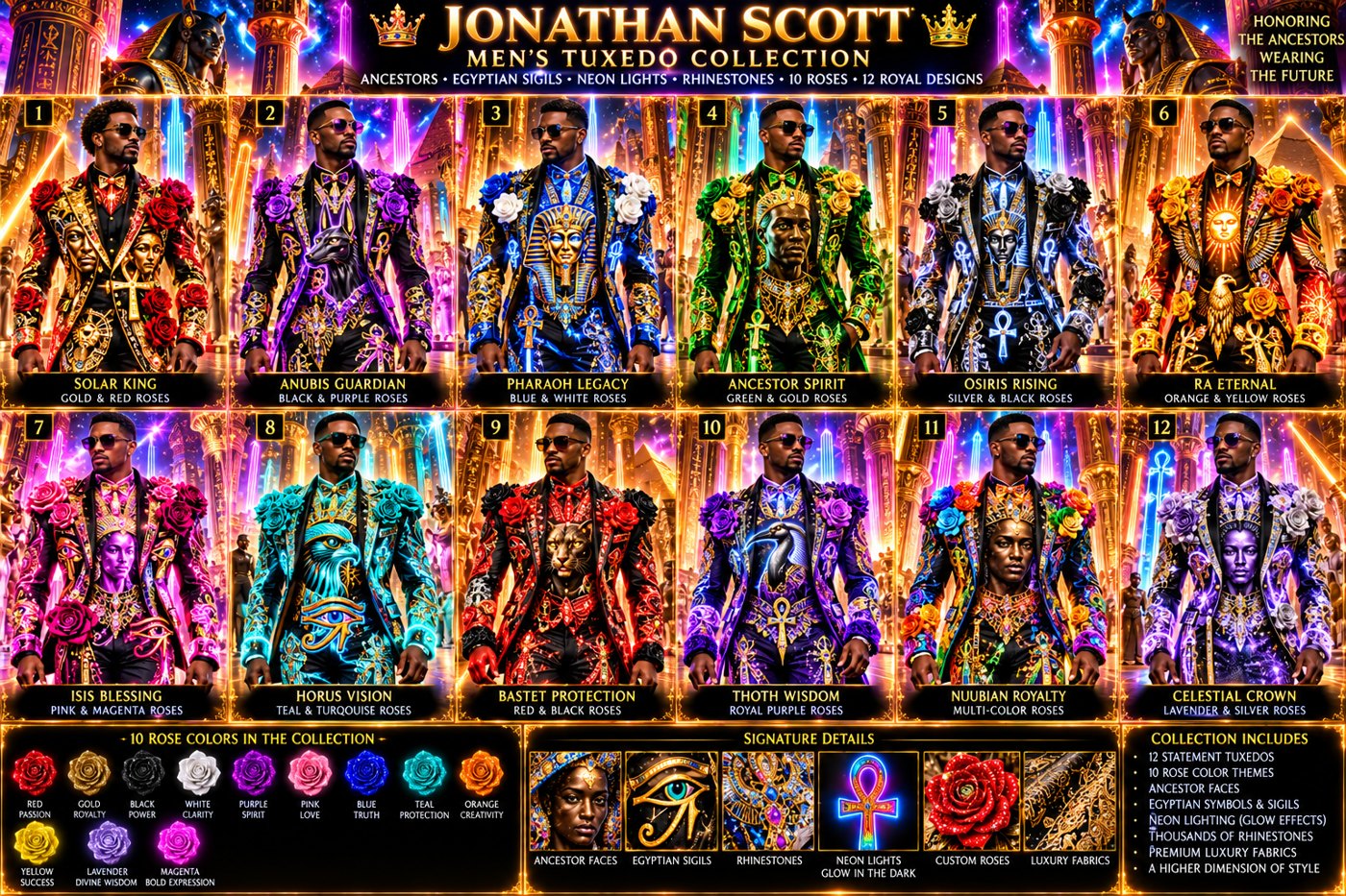 Men’s Tuxedo Collection: twelve numbered jeweled tuxedos with Egyptian ancestor faces, neon lights, and custom roses