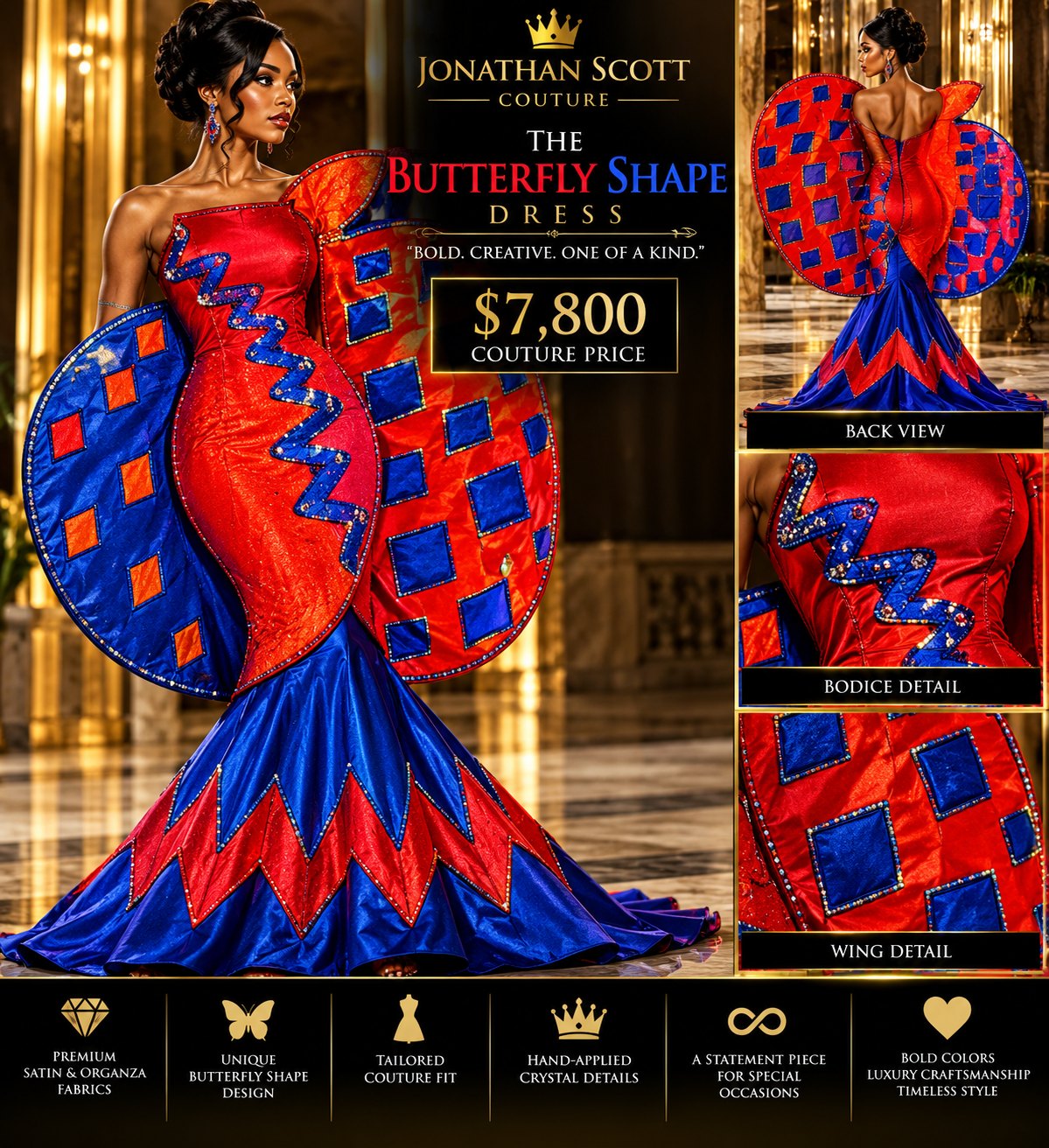 The Butterfly Shape Dress: a red mermaid gown with a crystal-edged royal blue zigzag on the bodice, two large rounded butterfly wings in red and royal blue with square panels, and a royal blue skirt with red points