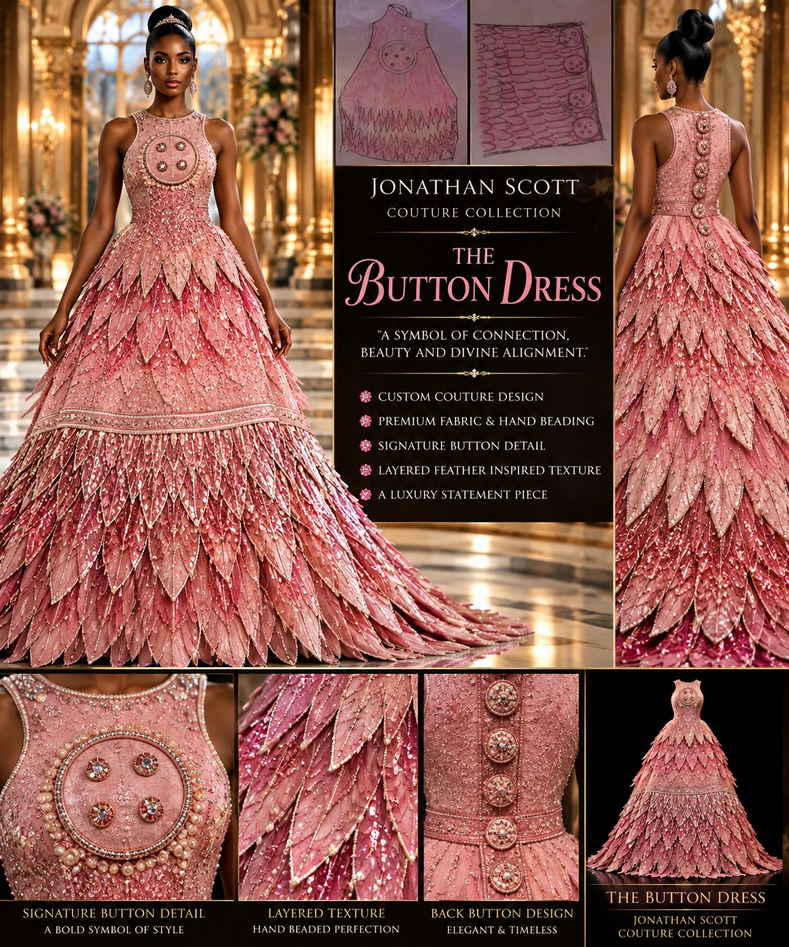 The Button Dress: a pink sleeveless couture ball gown with layered feather-like beaded tiers, a round signature button medallion on the bodice, and jeweled buttons down the back