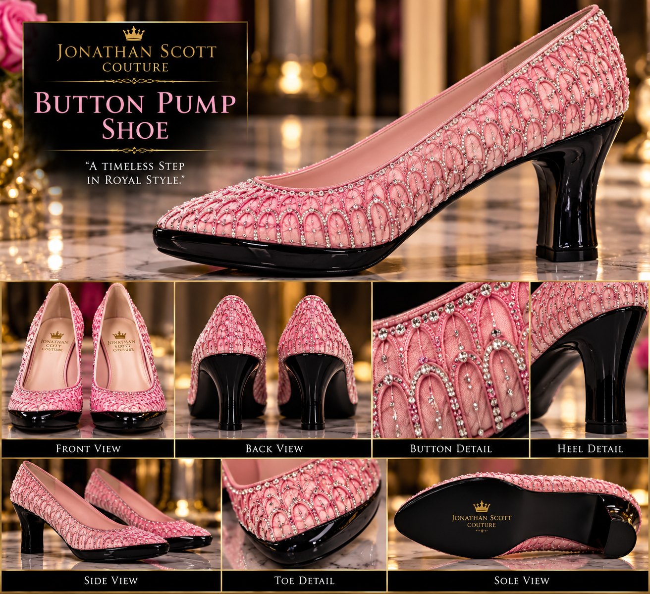 Button Pump Shoe: a pink embellished pump with arched crystal detailing, a glossy black toe cap, and a black flared heel