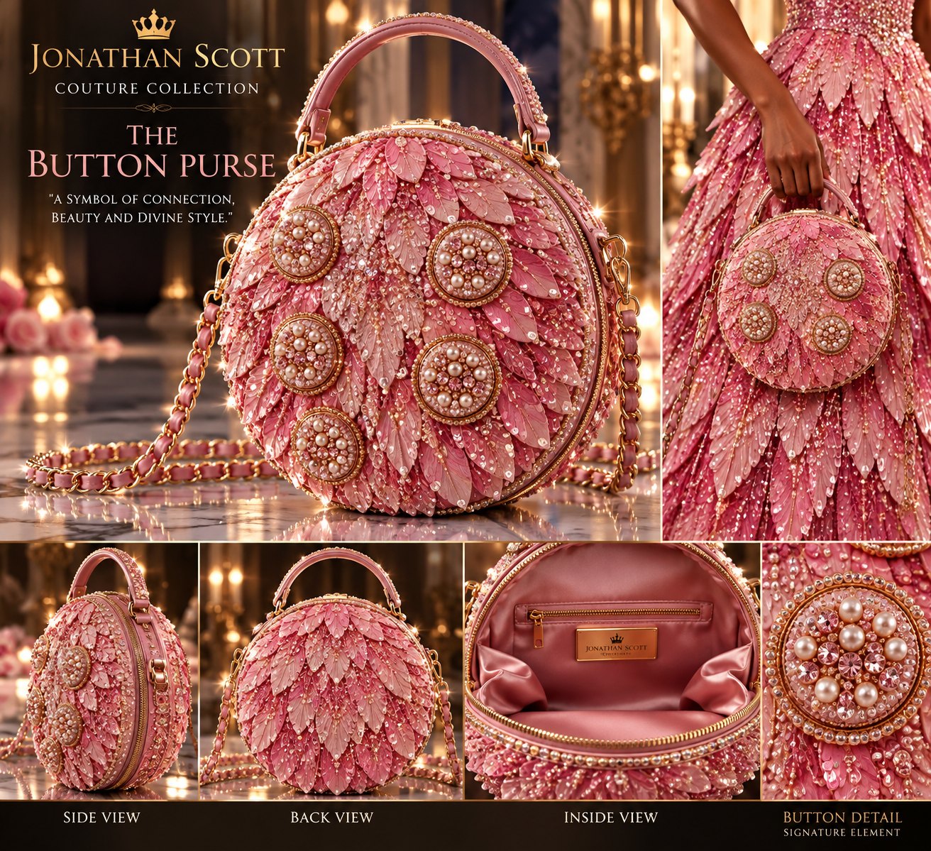 The Button Purse: a round pink feather-textured handbag with pearl-and-crystal button details, a top handle, a gold chain strap, and pink satin lining