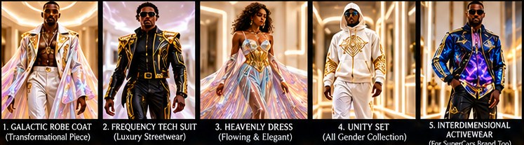 The Celestial Frequency Collection key pieces: Galactic Robe Coat, Frequency Tech Suit, Heavenly Dress, Unity Set, and Interdimensional Activewear