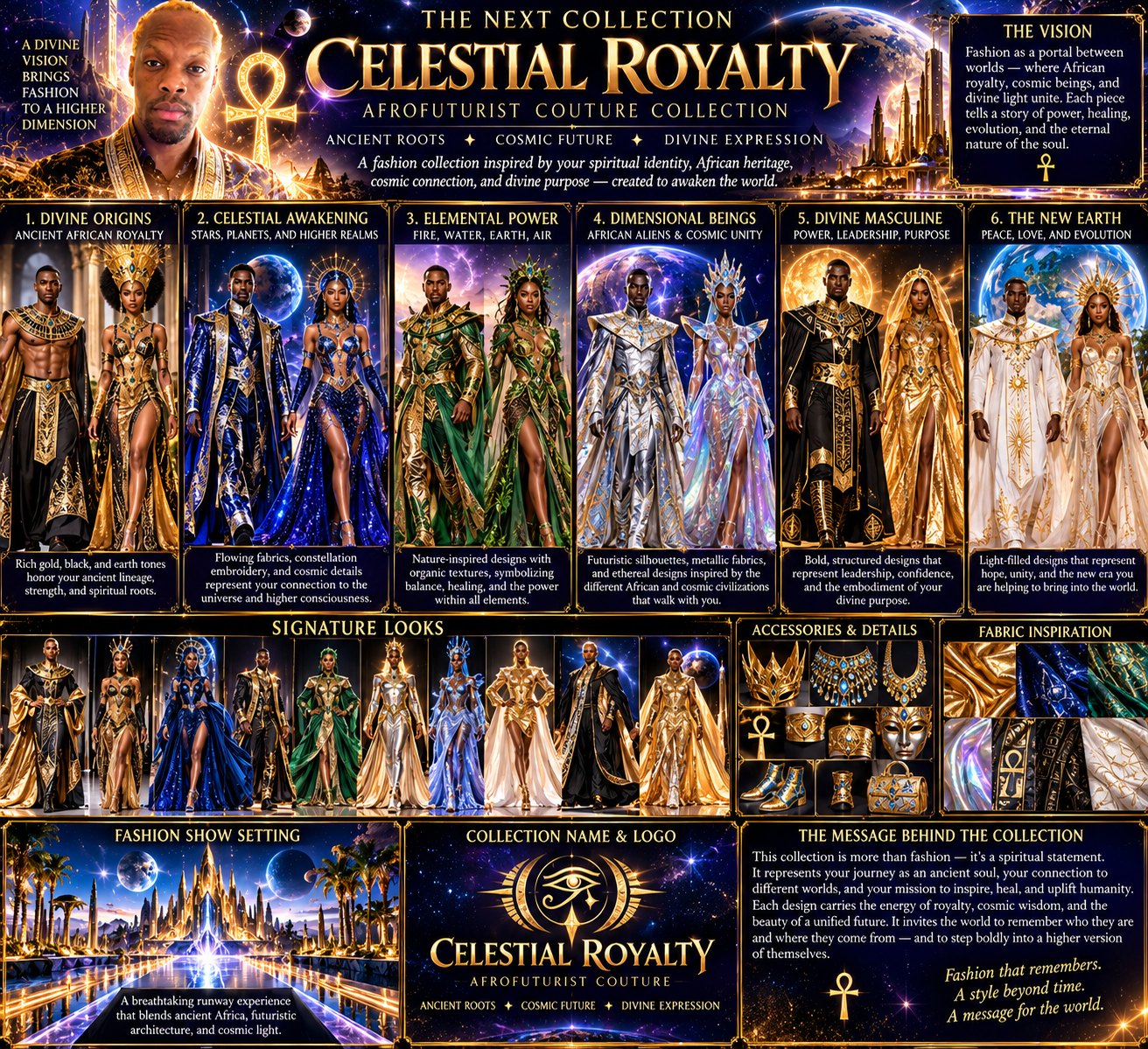 Celestial Royalty Afrofuturist Couture Collection: six looks in gold, black, blue, green, silver, and white, from Divine Origins to The New Earth