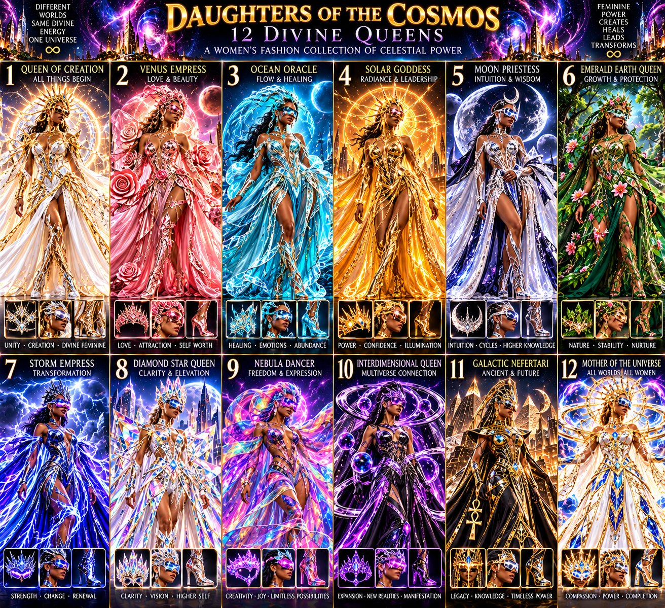 Daughters of the Cosmos: twelve divine queen gowns, each with a matching crown, jeweled visor, and heels