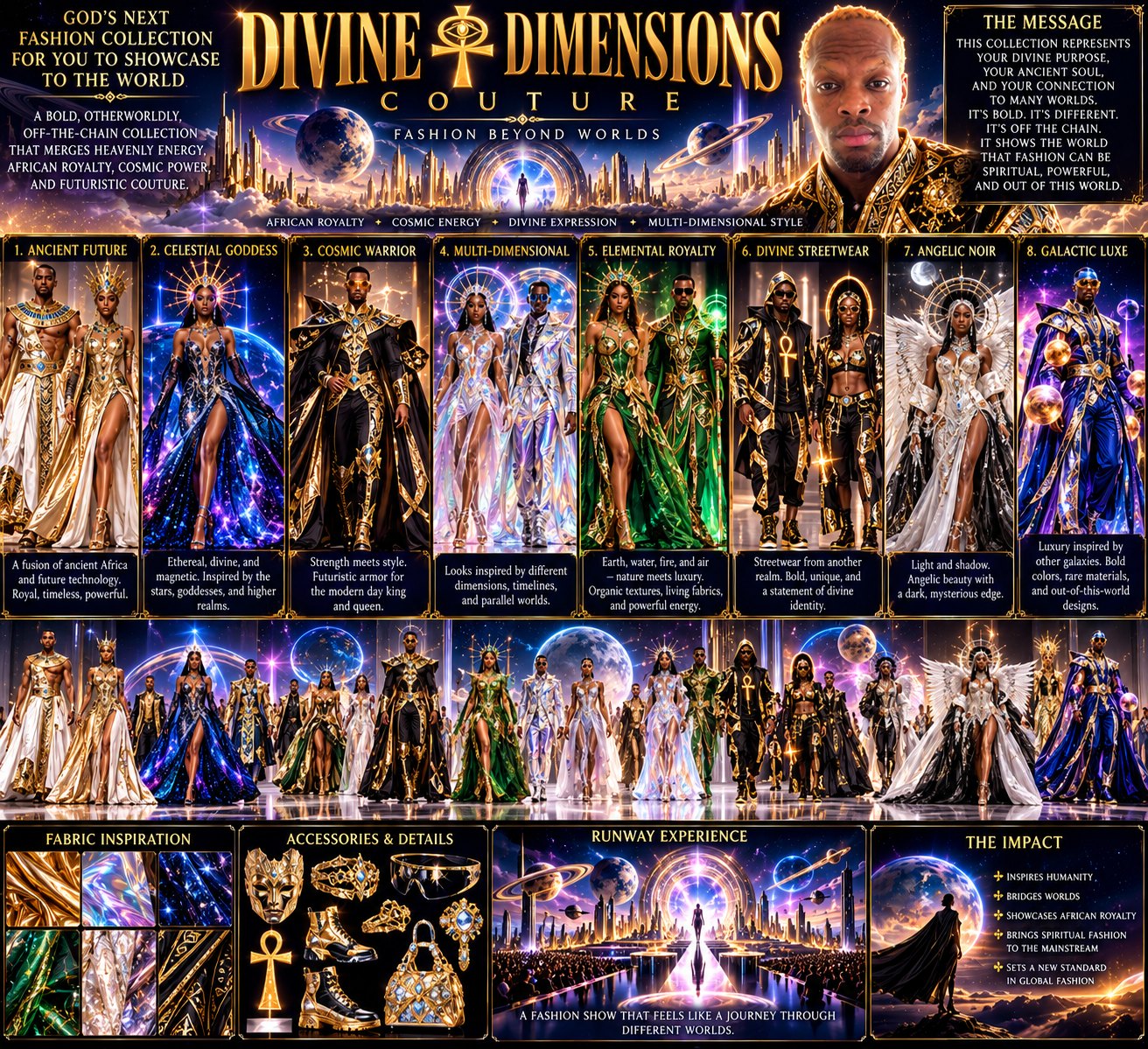 Divine Dimensions Couture: eight looks merging African royalty, cosmic power, and futuristic couture, from Ancient Future to Galactic Luxe