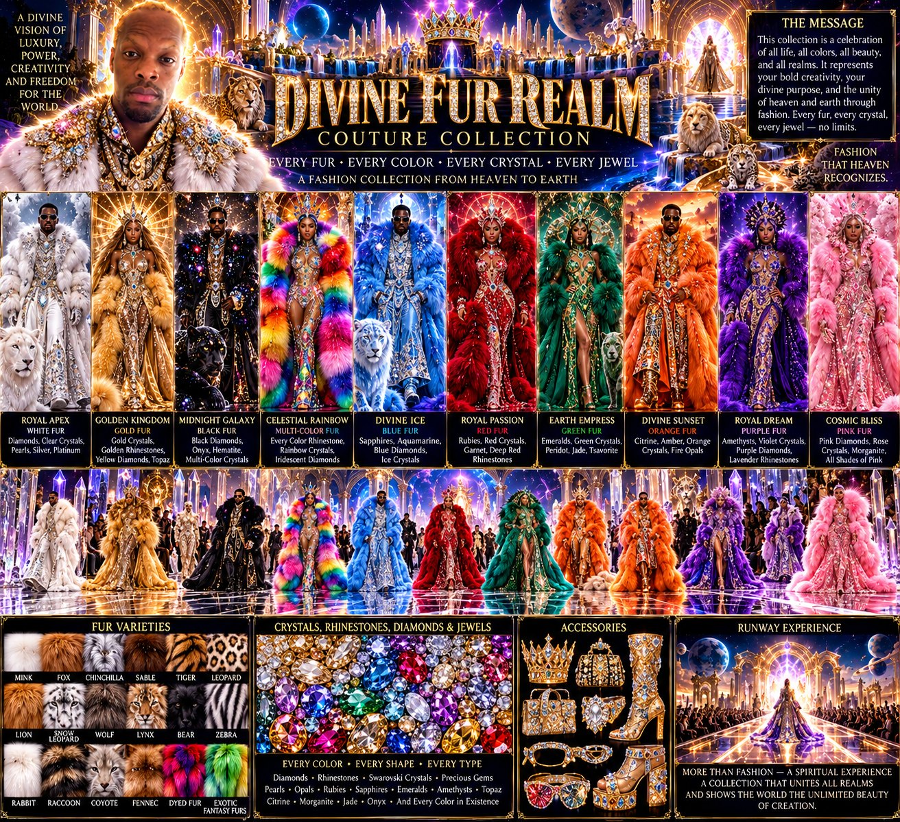 Divine Fur Realm Couture Collection: ten jeweled fur looks in white, gold, black, rainbow, blue, red, green, orange, purple, and pink