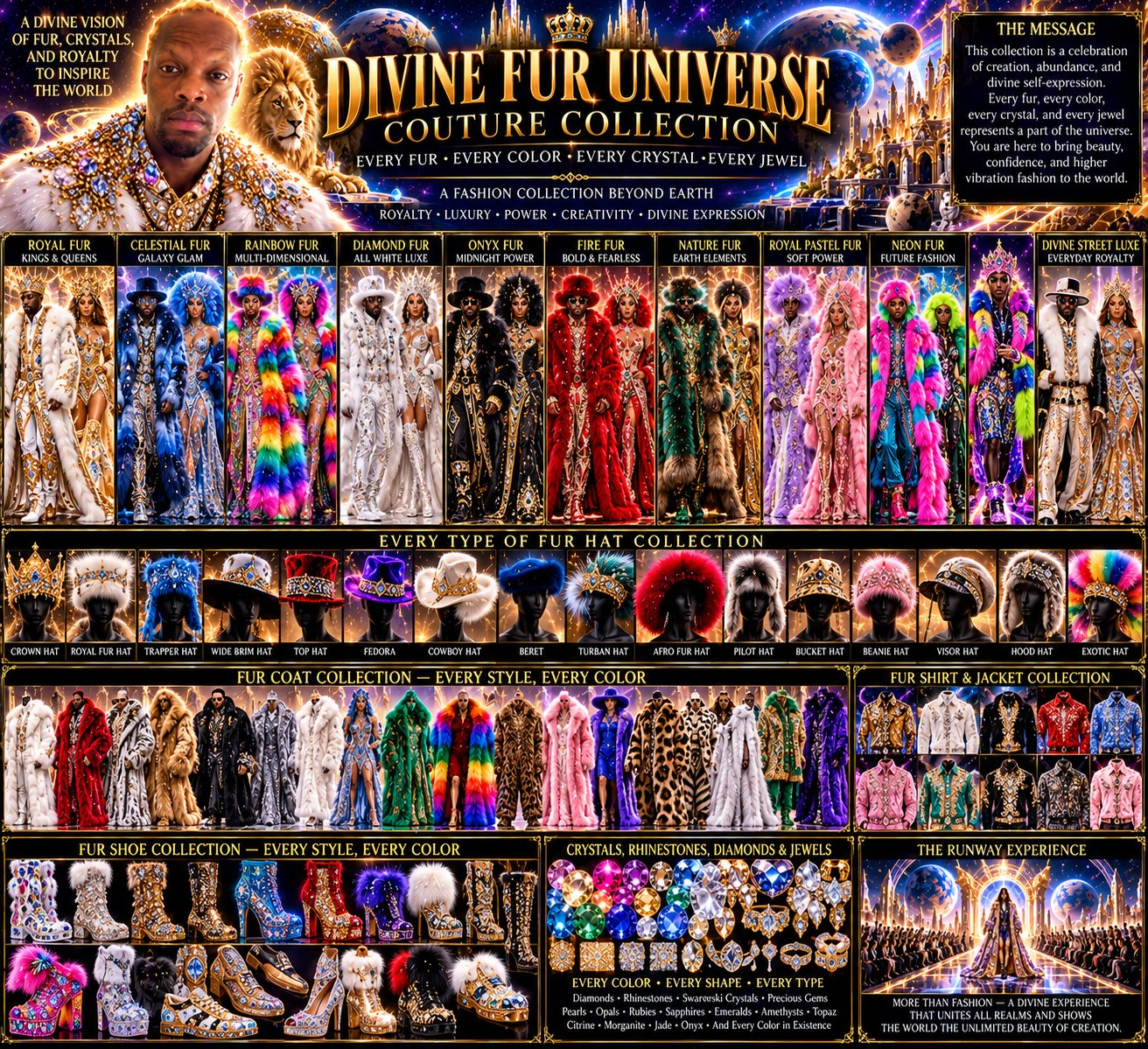 Divine Fur Universe Couture Collection: fur looks in every color, with fur hats, coats, shirts, jackets, and shoes adorned with crystals and jewels