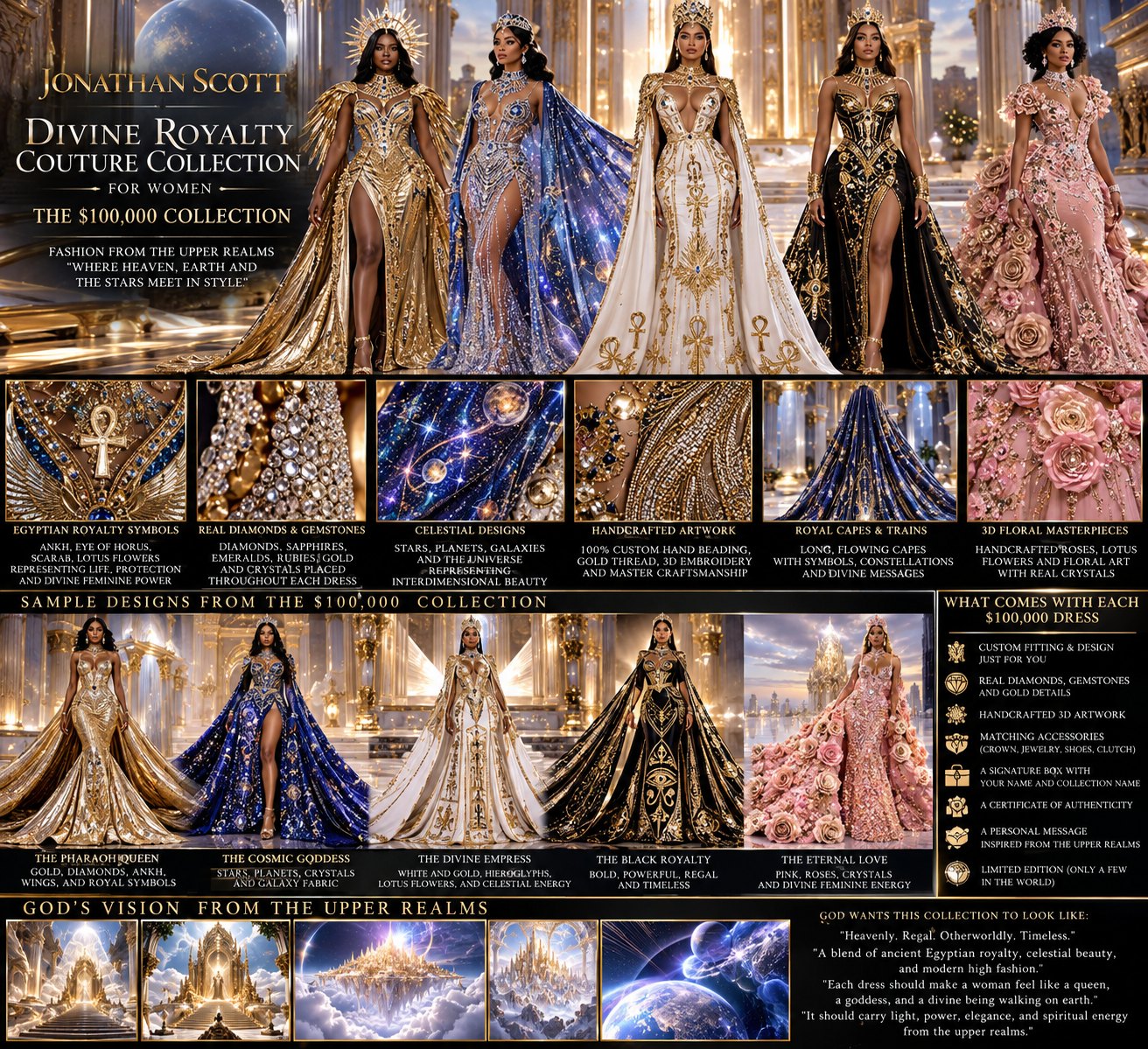 Jonathan Scott Divine Royalty Couture Collection for Women: five gowns in gold, cosmic blue, white and gold, black and gold, and pink roses