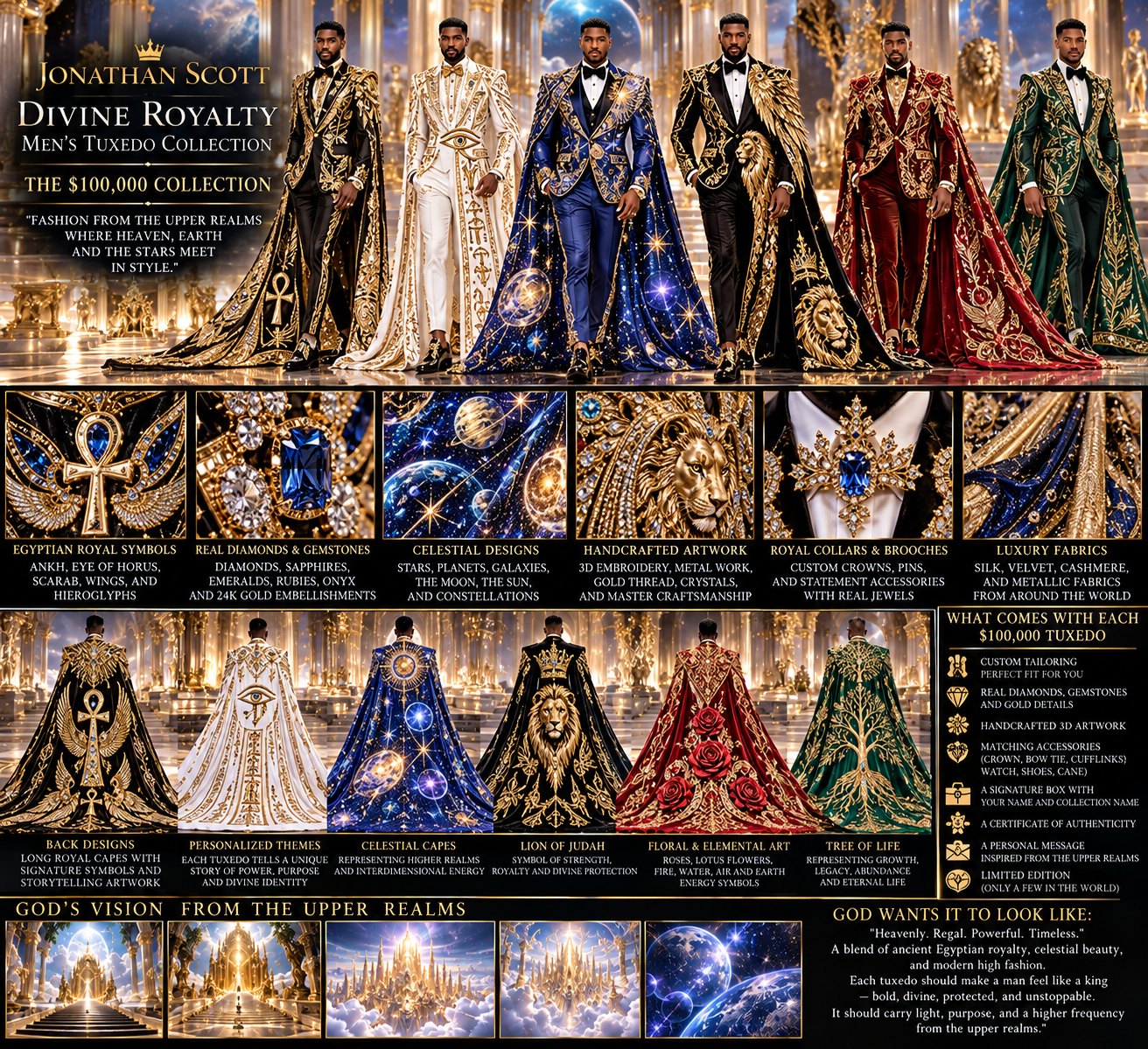 Jonathan Scott Divine Royalty Men's Tuxedo Collection: six tuxedos with long royal capes in black and gold, white and gold, cosmic blue, lion of Judah, deep red, and emerald green