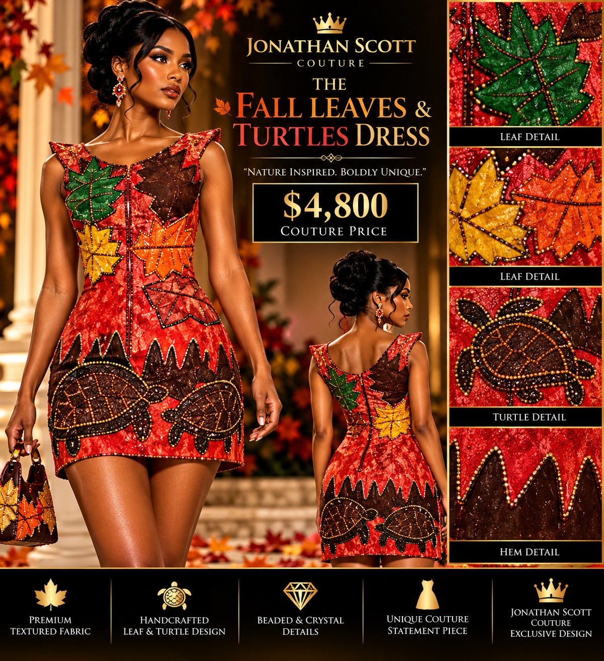 The Fall Leaves & Turtles Dress: a fitted red sleeveless mini dress with beaded green, gold, orange, and brown maple leaves and two beaded turtles along a jagged brown hem