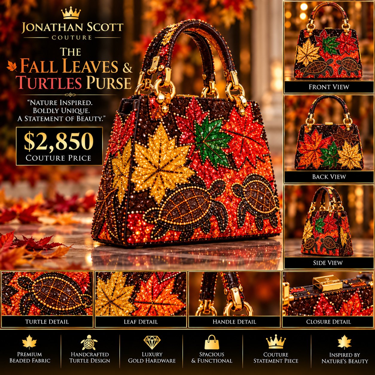 The Fall Leaves & Turtles Purse: a beaded top-handle handbag covered in red, gold, orange, and green maple leaves and two brown turtles, with gold hardware