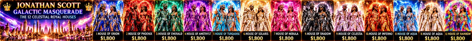 Galactic Masquerade: twelve couples in jeweled masquerade couture, one color per royal house
