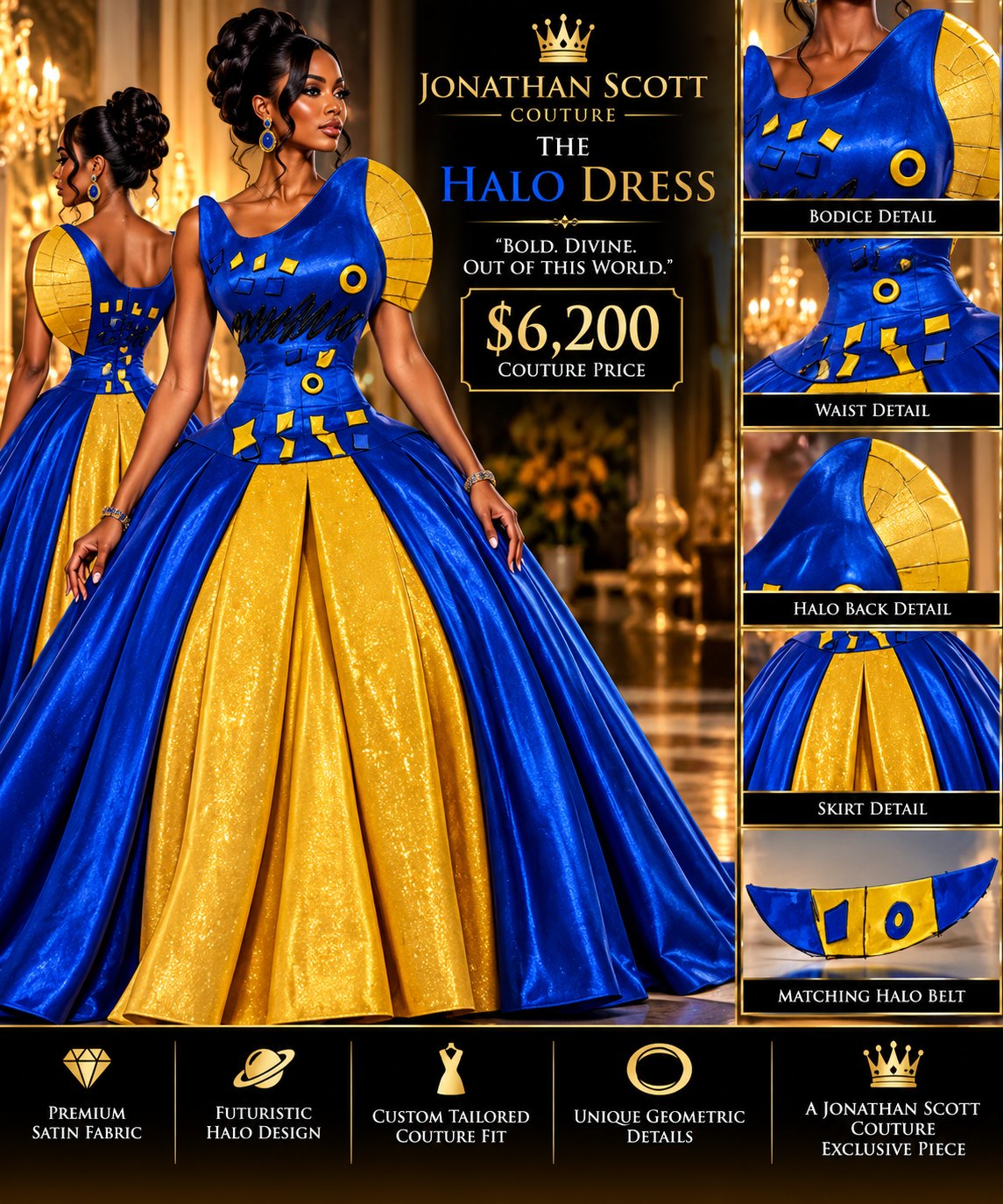 The Halo Dress: a royal blue satin ball gown with a gold pleated center panel, a gold halo shoulder piece, and gold geometric details on the bodice