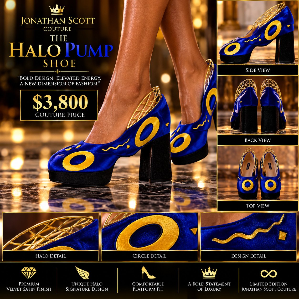 The Halo Pump Shoe: a royal blue velvet platform pump with gold circle and wave appliqués, a black block heel, and a gold lattice halo rising from the heel