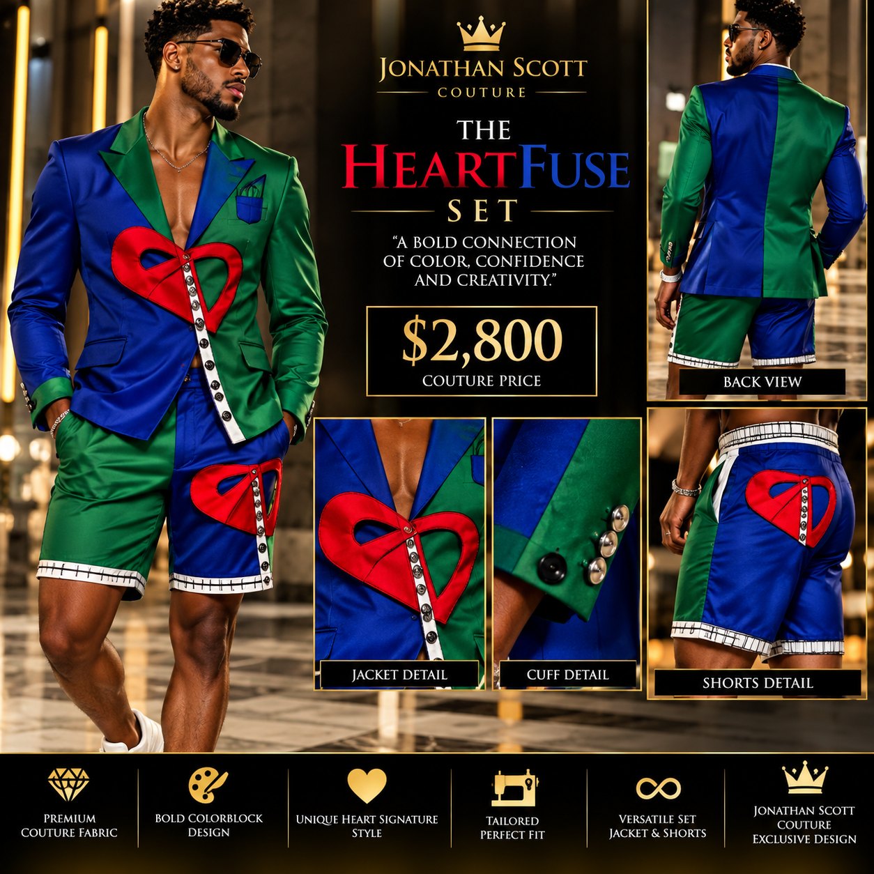 The HeartFuse Set: a men's royal blue and green colorblock blazer and shorts with red heart appliqués, a white button strip, and white patterned shorts hems