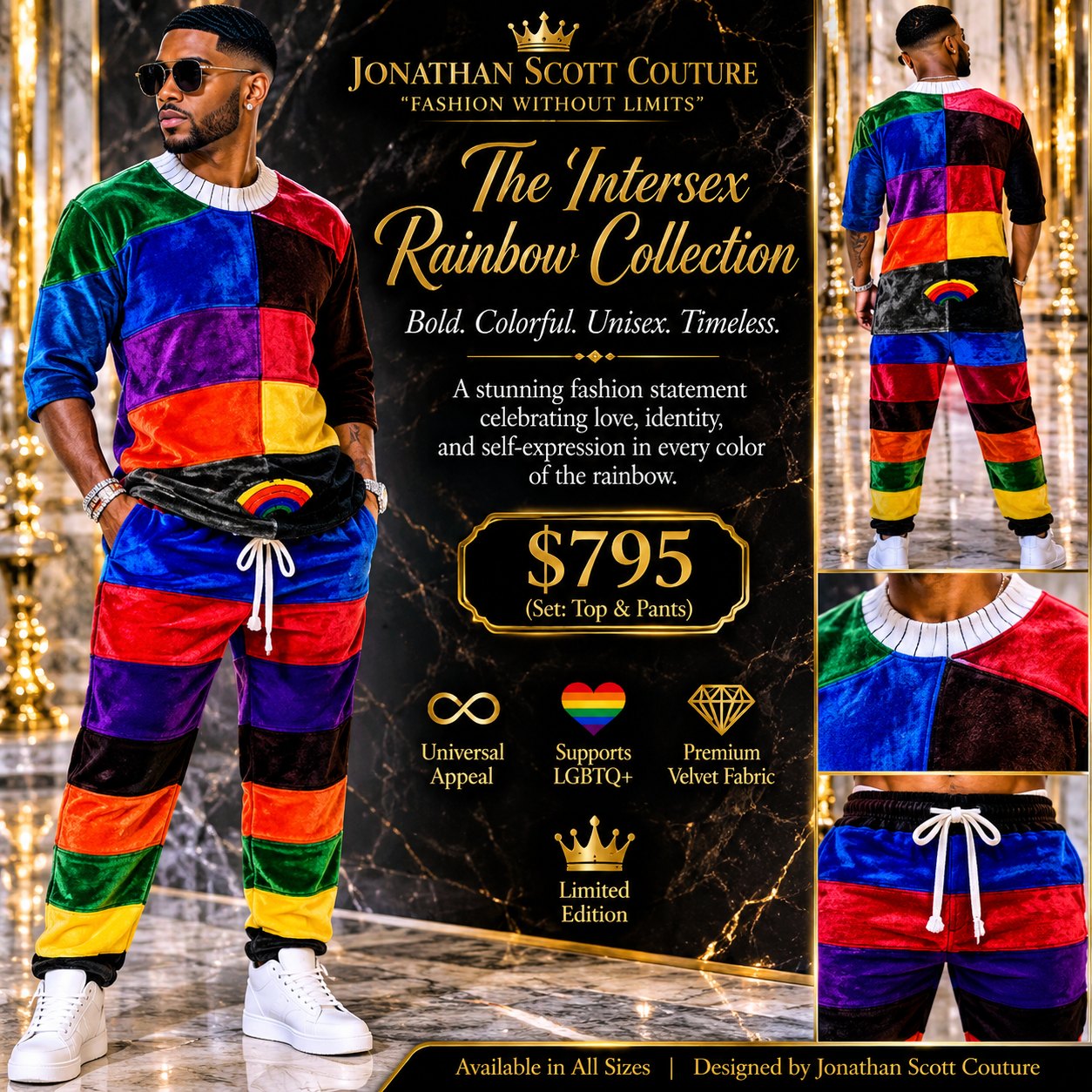 The Intersex Rainbow Collection: a velvet patchwork top and drawstring pants in rainbow color blocks with black, a striped ribbed collar, and an embroidered rainbow