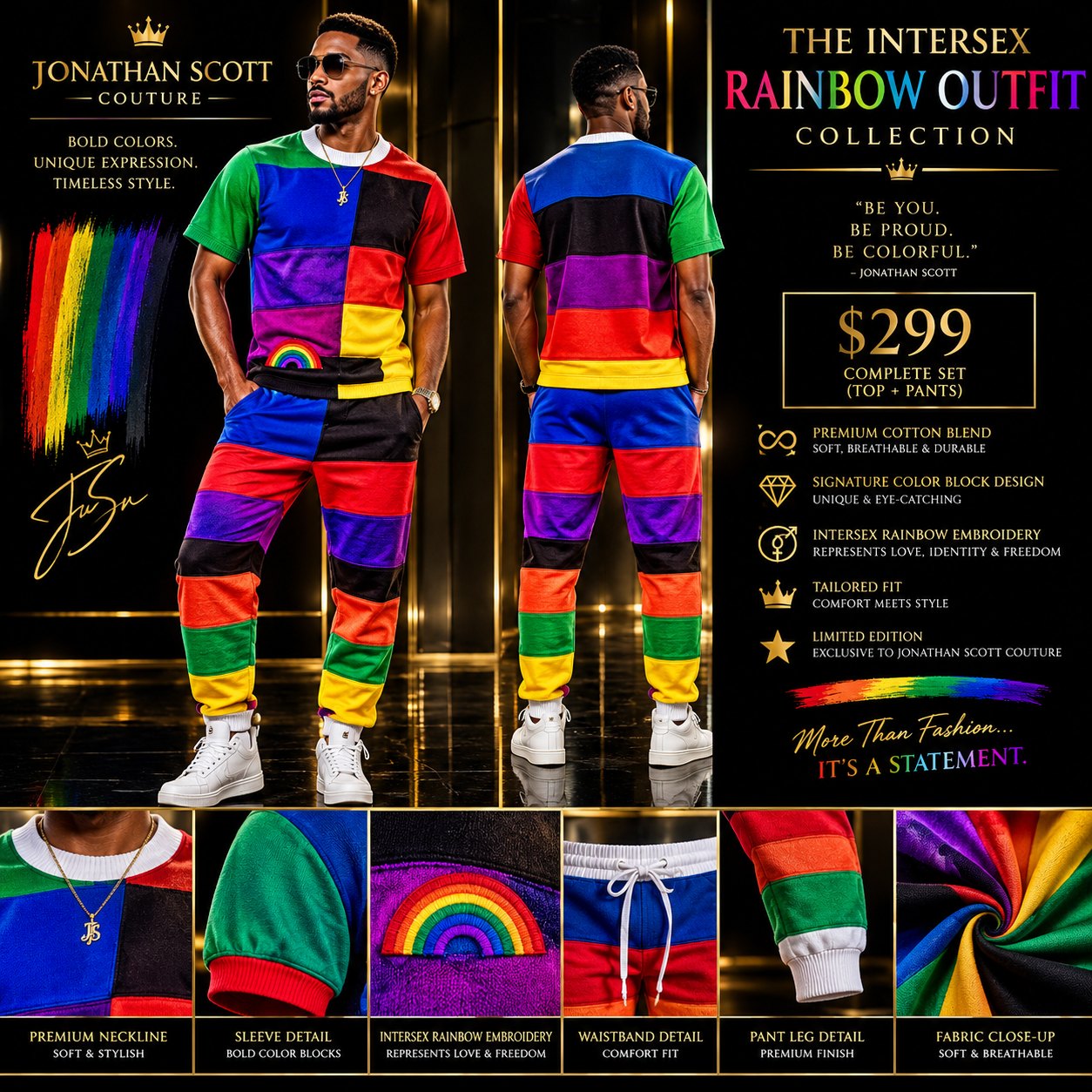 The Intersex Rainbow Outfit Collection: a cotton color-block tee and jogger pants in rainbow stripes with black, a white ribbed neckline, and an embroidered rainbow