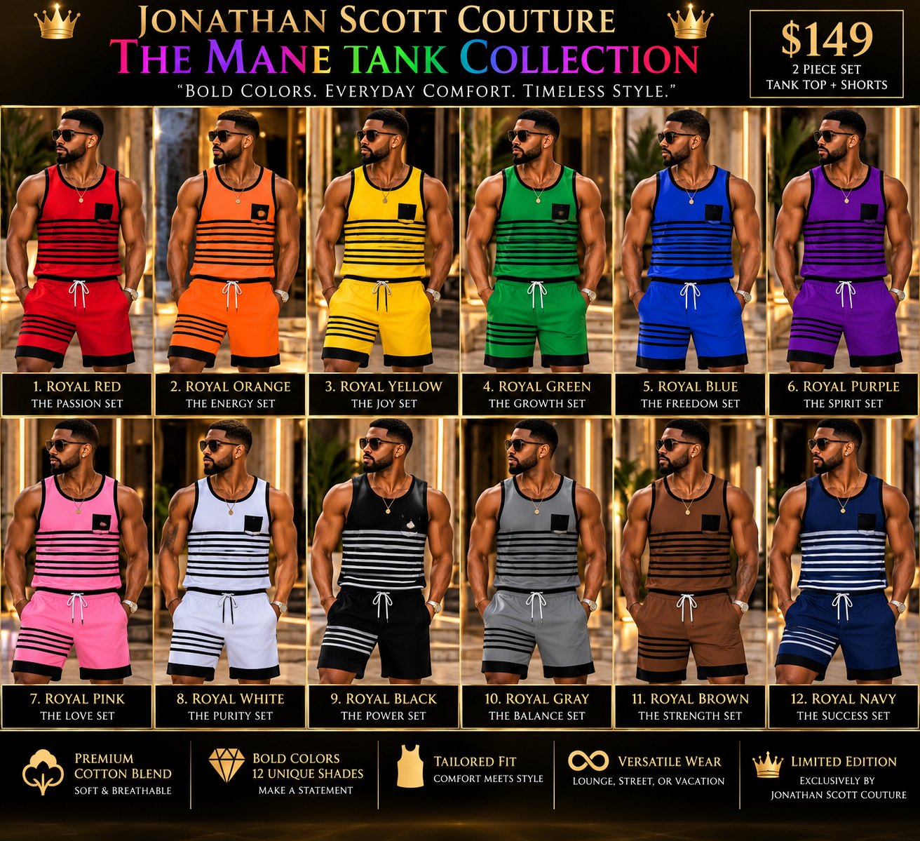 The Mane Tank Collection: twelve striped tank top and shorts sets in red, orange, yellow, green, blue, purple, pink, white, black, gray, brown, and navy