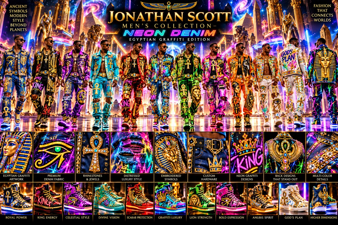 Neon Denim, Egyptian Graffiti Edition: twelve men in jeweled neon graffiti denim sets with matching high-top sneakers