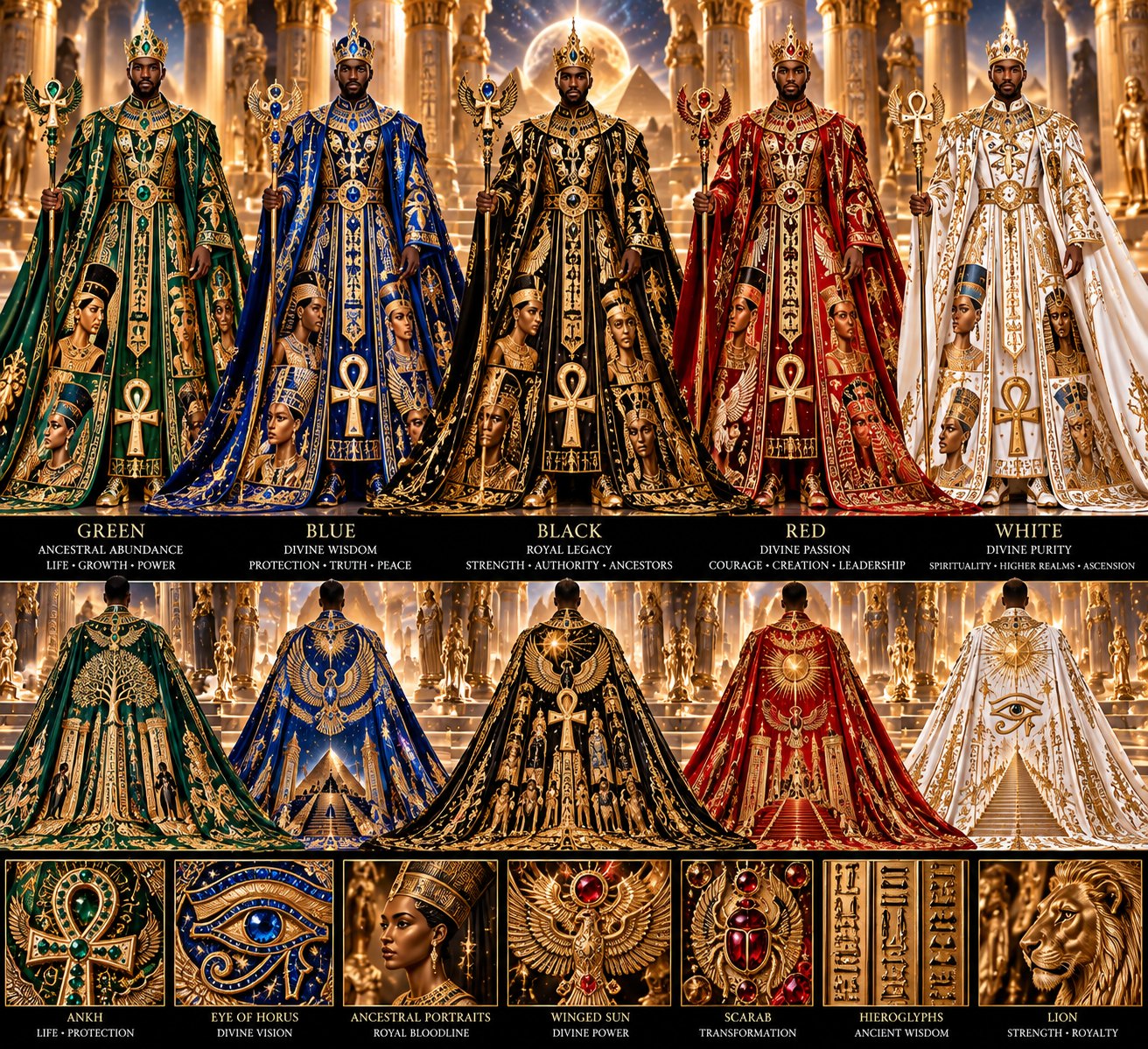 The Pharaoh's Legacy Collection: five royal Egyptian robes with capes, crowns and scepters in green, blue, black, red, and white, with ancestral portraits and gold symbols