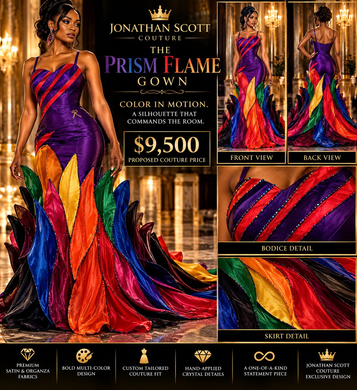 The Prism Flame Gown: a purple satin mermaid gown with red diagonal stripes on the bodice and a skirt of flame-shaped panels in orange, yellow, green, blue, red, and black, edged with crystals