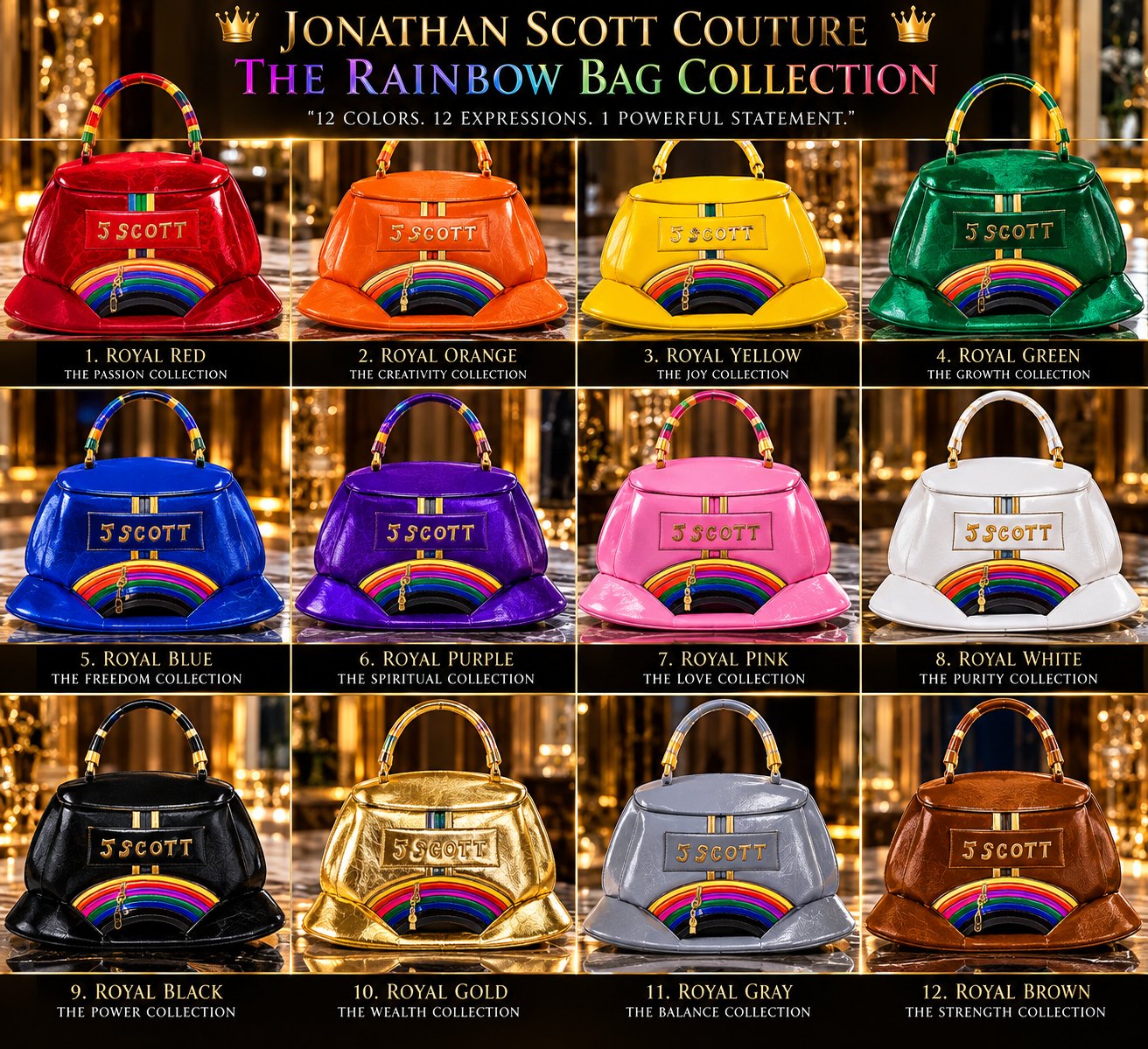 The Rainbow Bag Collection: twelve glossy Jonathan Scott handbags in red, orange, yellow, green, blue, purple, pink, white, black, gold, gray, and brown, each with a J Scott plaque, a rainbow arch with a gold zipper, and a striped top handle