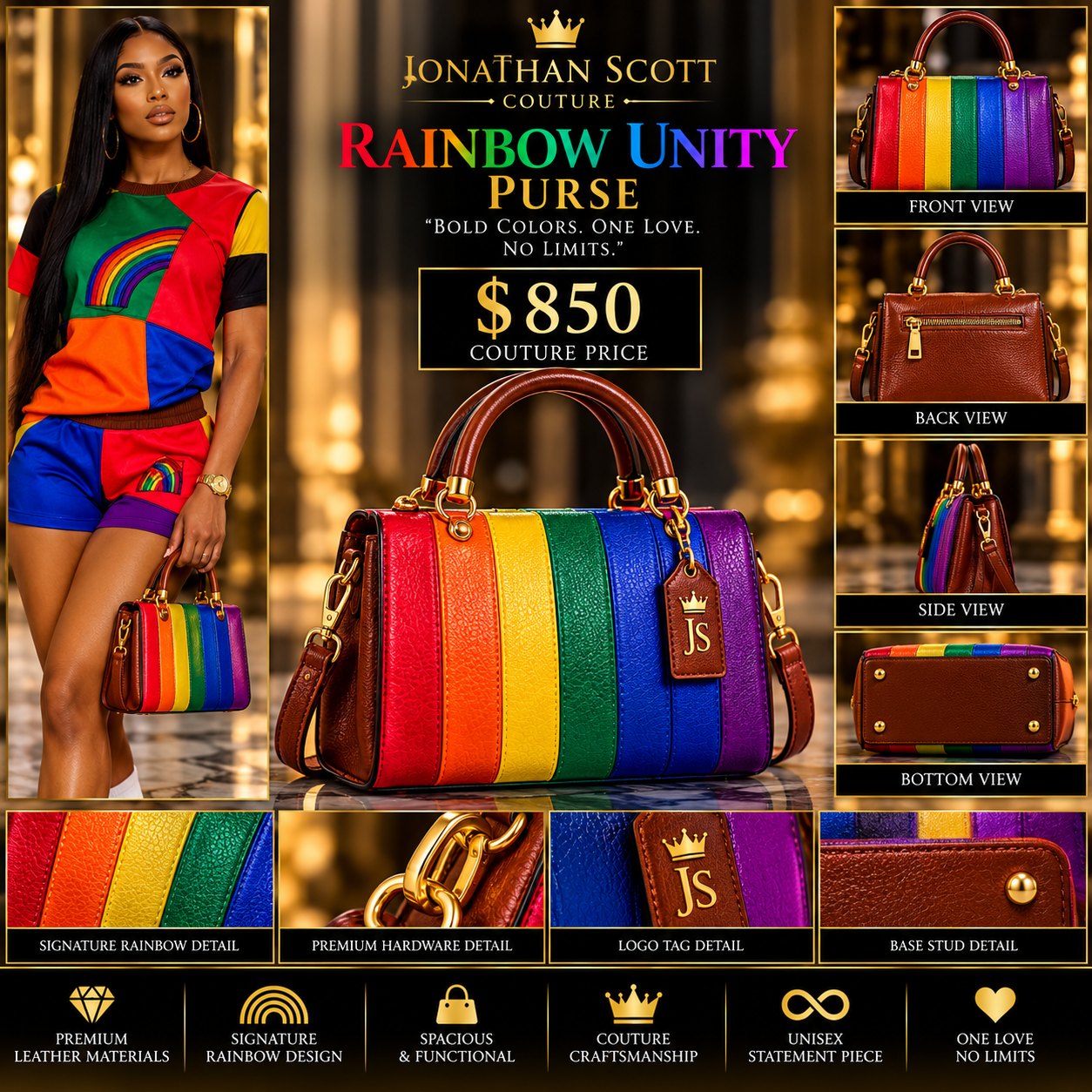 Rainbow Unity Purse: a top-handle leather handbag in red, orange, yellow, green, blue, and purple stripes with brown leather trim, gold hardware, and a JS logo tag