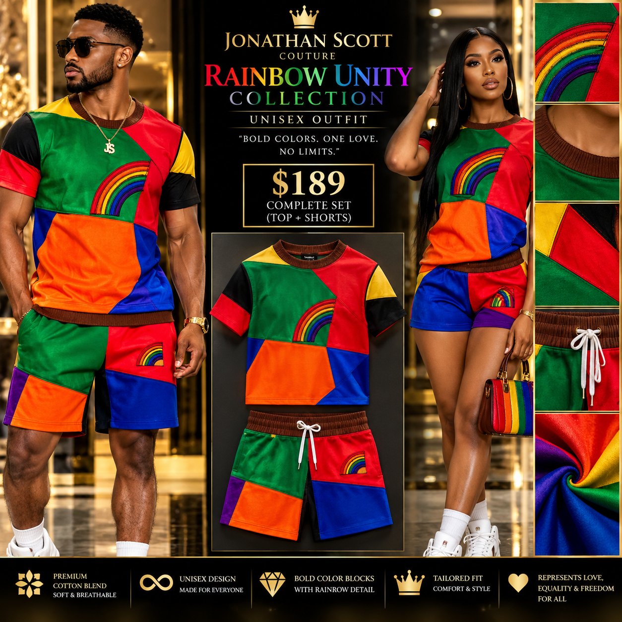 Rainbow Unity Collection: a unisex patchwork tee and drawstring shorts in green, red, orange, blue, yellow, and black, with an embroidered rainbow and a brown ribbed trim