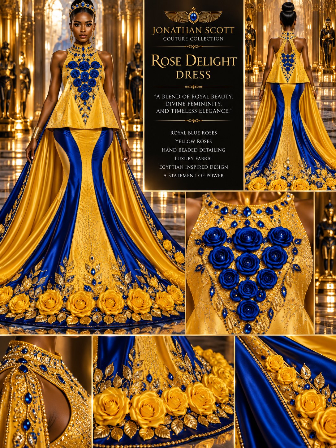 Rose Delight Dress: a yellow and royal blue satin gown with a beaded halter top, royal blue roses on the bodice, and a long train of yellow roses and gold leaves