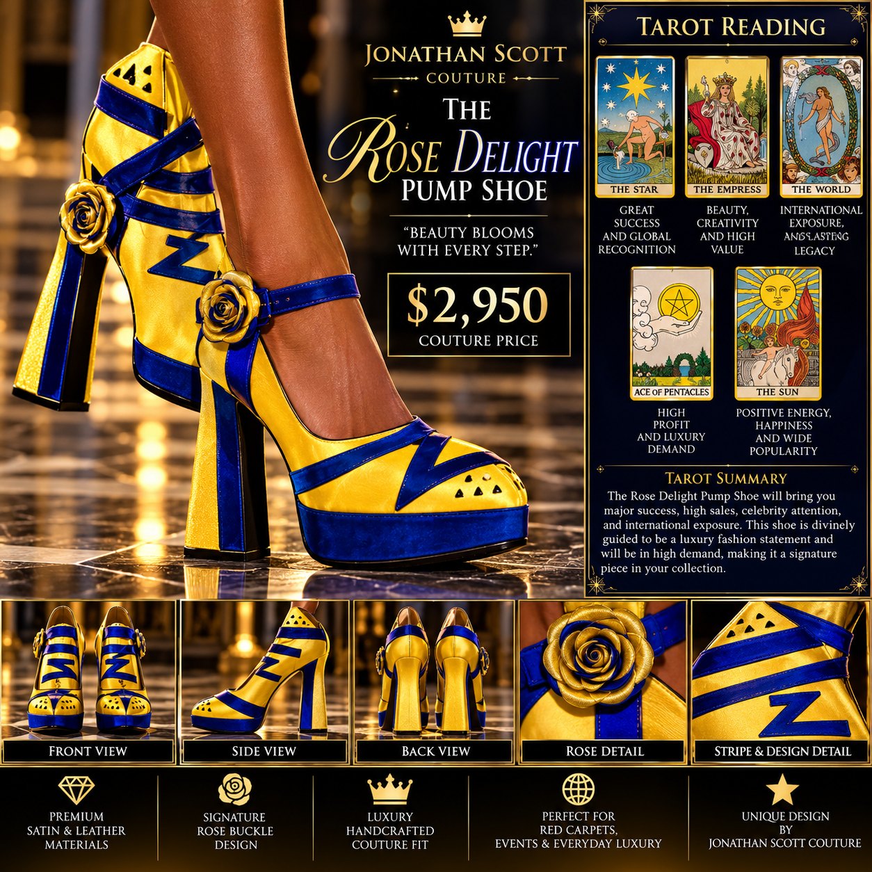 The Rose Delight Pump Shoe: a yellow satin platform pump with royal blue straps and stripes, a Z design, golden rose buckles, and a block heel