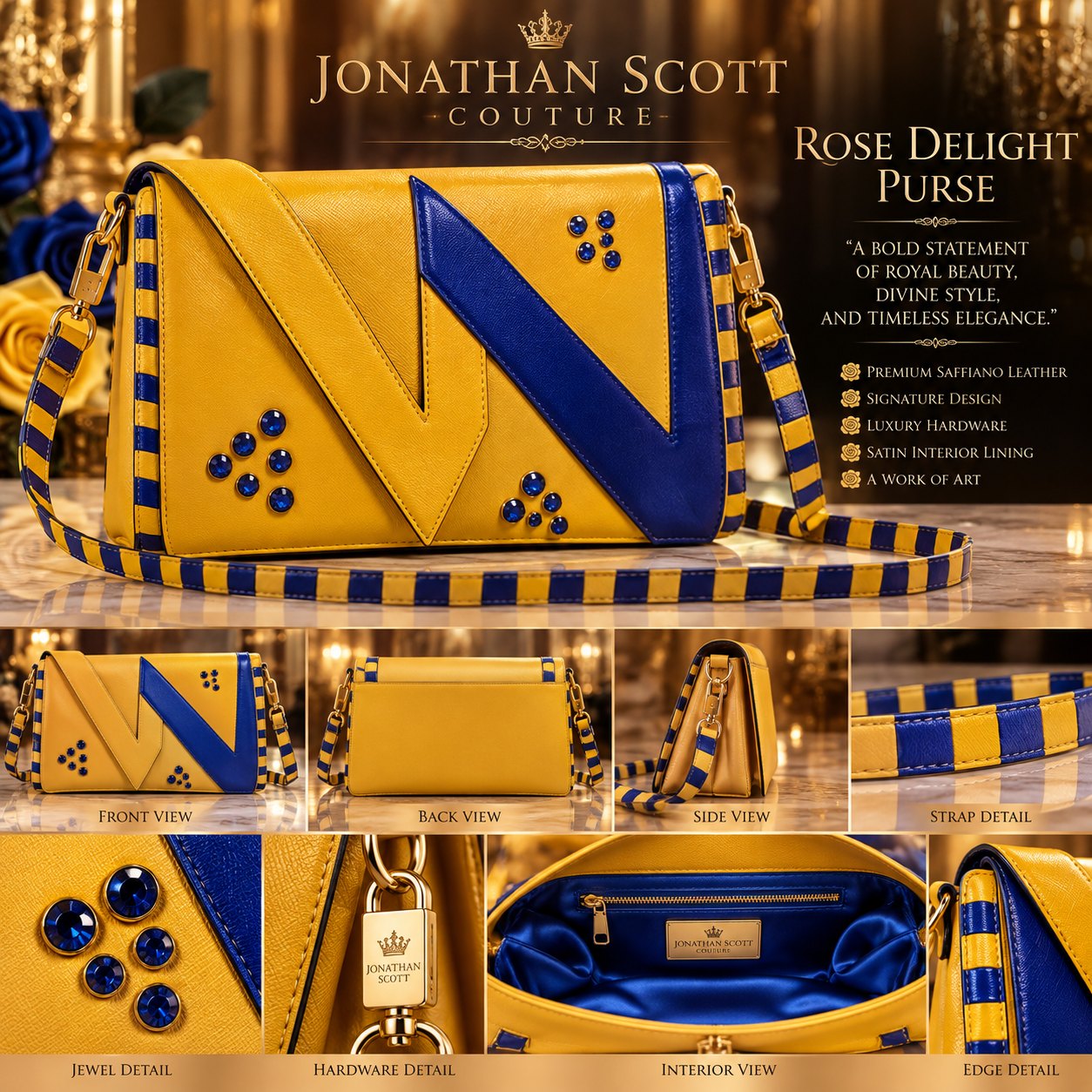 Rose Delight Purse: a yellow saffiano leather shoulder bag with a royal blue chevron, blue jewels, a striped strap, gold hardware, and blue satin lining