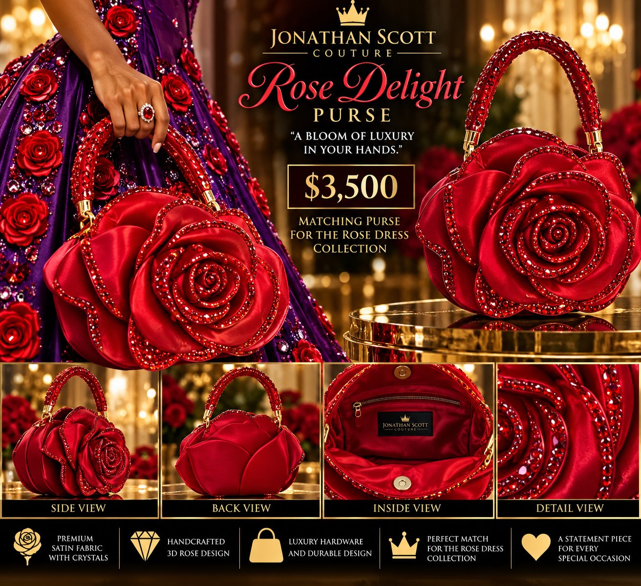 Rose Delight Purse in red: a red satin handbag shaped like a full-bloom rose, edged in red crystals, with a crystal-covered handle and red satin lining