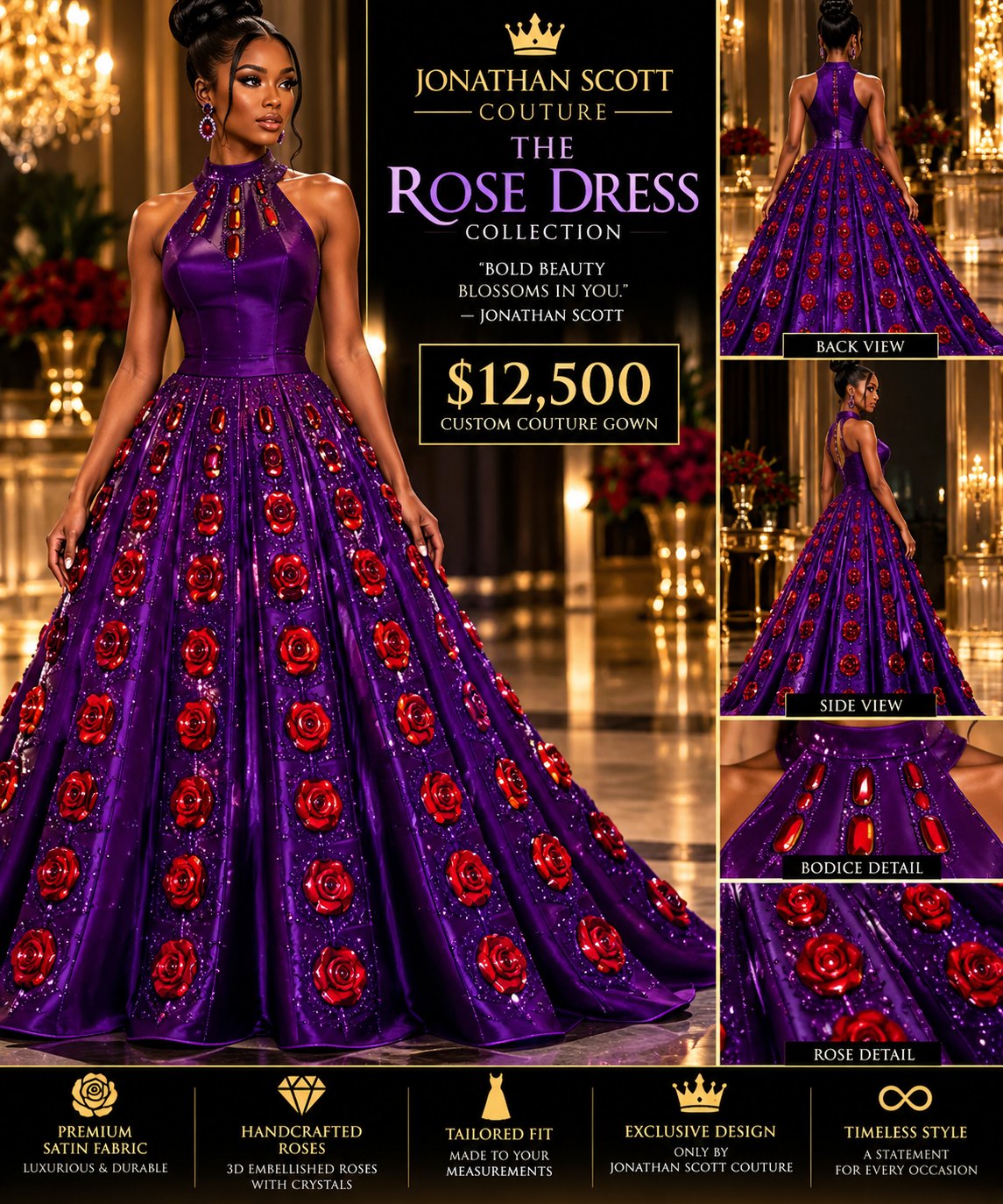 The Rose Dress: a purple satin halter ball gown with red jewels at the neckline and rows of crystal-embellished 3D red roses down the full skirt