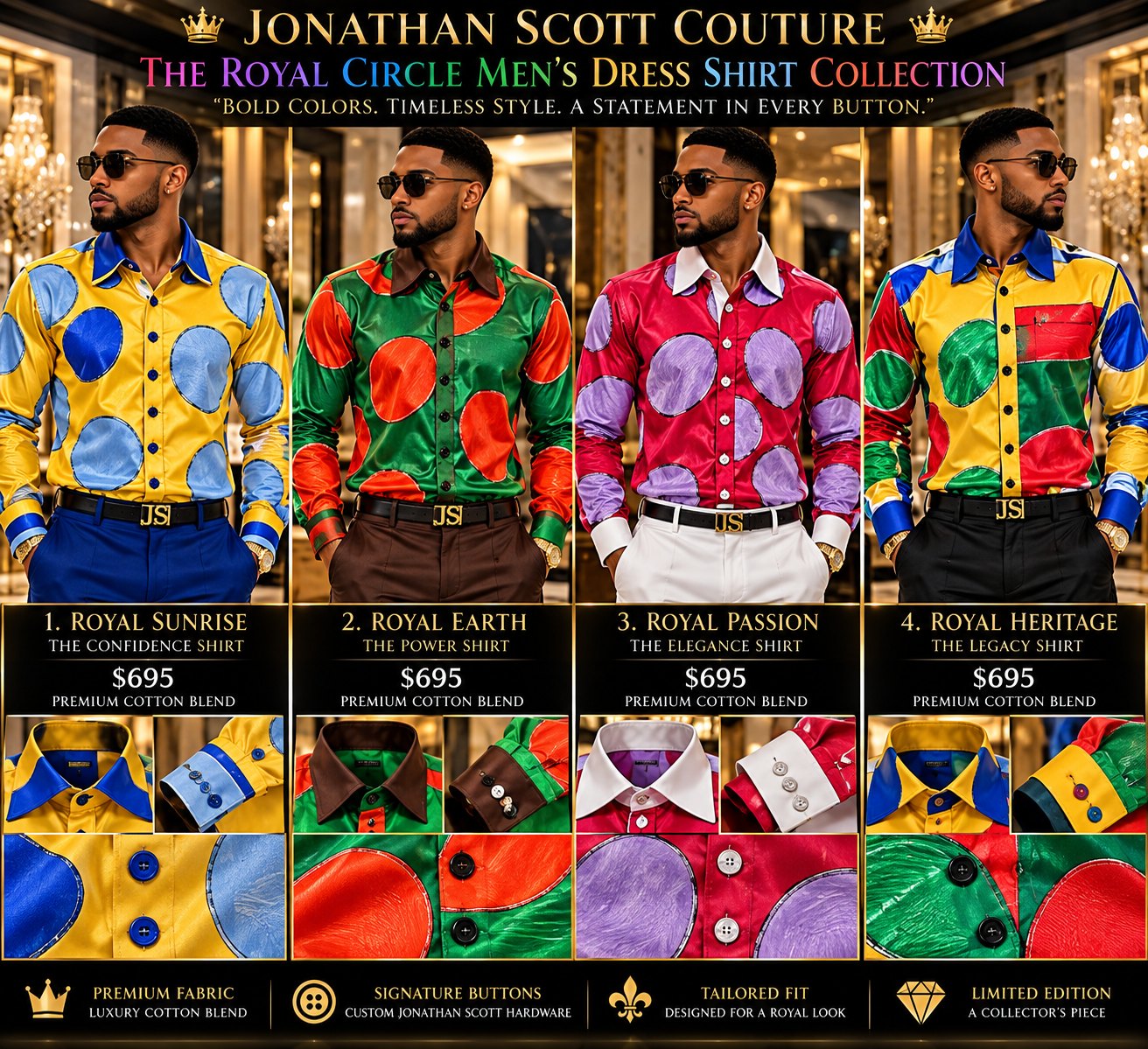 The Royal Circle Men's Dress Shirt Collection: four long-sleeve dress shirts with large circles in bold colors: Royal Sunrise, Royal Earth, Royal Passion, and Royal Heritage