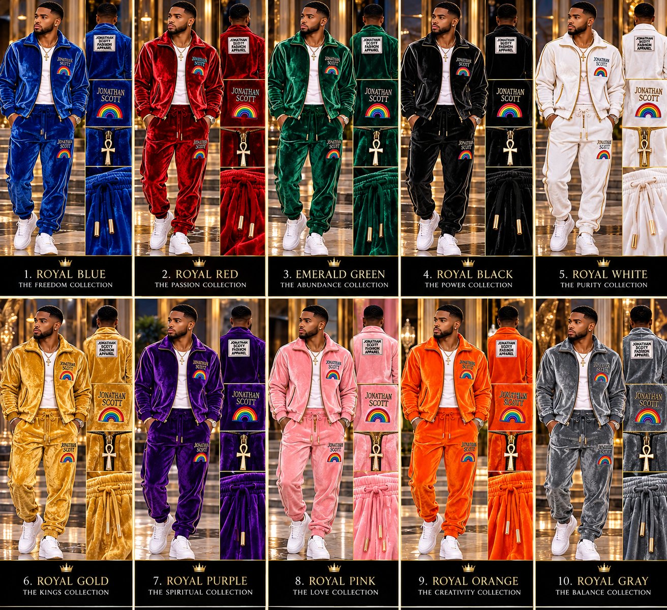 Royal Velvet Jogging Suit Collection: ten men's velvet jogging suits in royal blue, red, emerald green, black, white, gold, purple, pink, orange, and gray, each with the Jonathan Scott rainbow logo and a gold ankh zipper pull