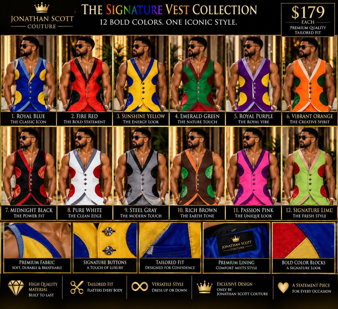 The Signature Vest Collection: twelve color-block vests with contrast lapels, half-circle panels, and signature buttons, in blue, red, yellow, green, purple, orange, black, white, gray, brown, pink, and lime