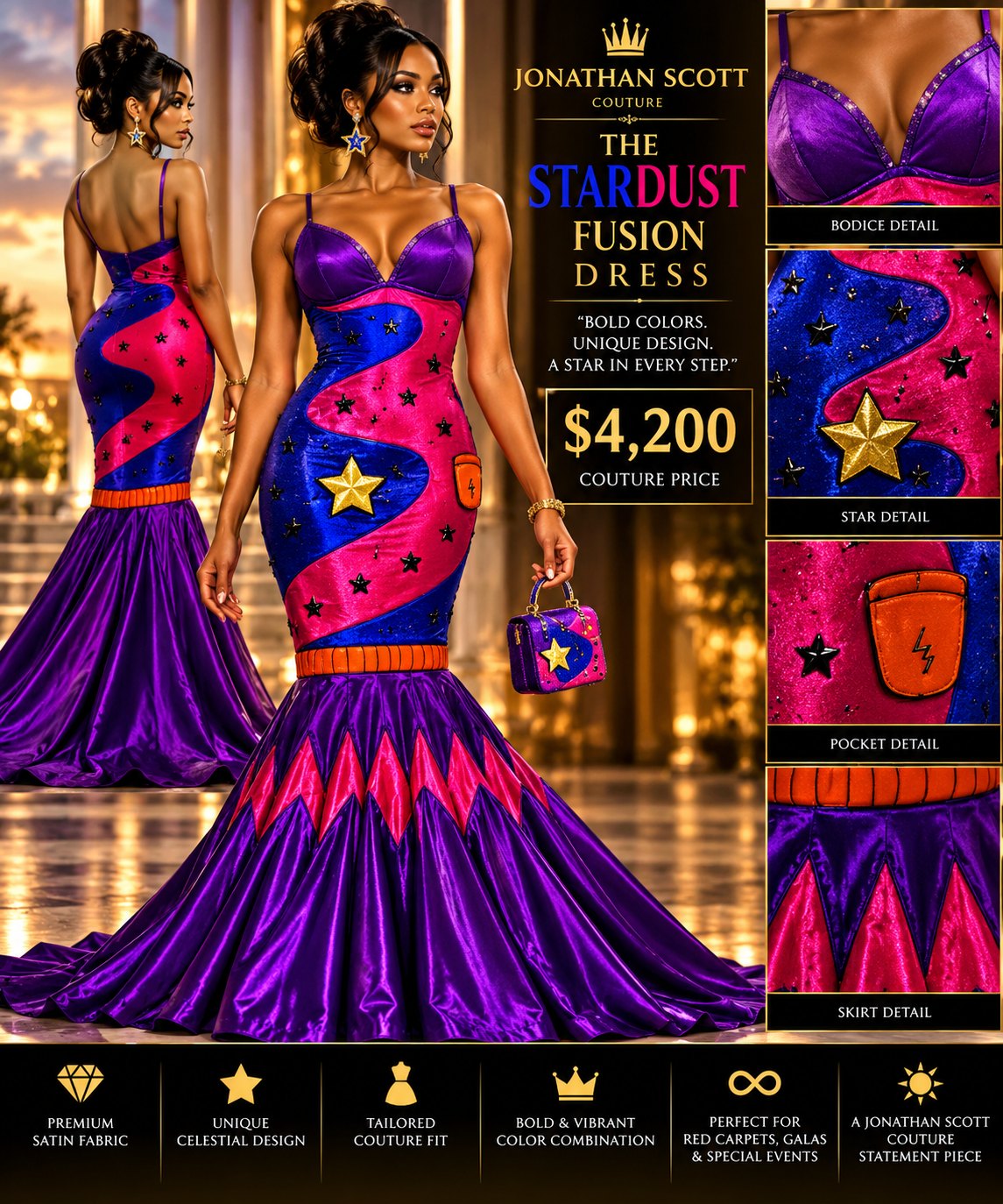 The Stardust Fusion Dress: a mermaid gown with a purple satin bodice, a fitted royal blue and pink wave body scattered with black and gold stars, an orange waistband, and a flared purple skirt with pink points
