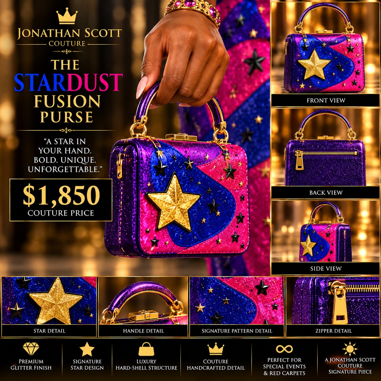 The Stardust Fusion Purse: a glittering purple, pink, and royal blue hard-shell top-handle bag with a large gold star, small black and gold stars, and gold hardware