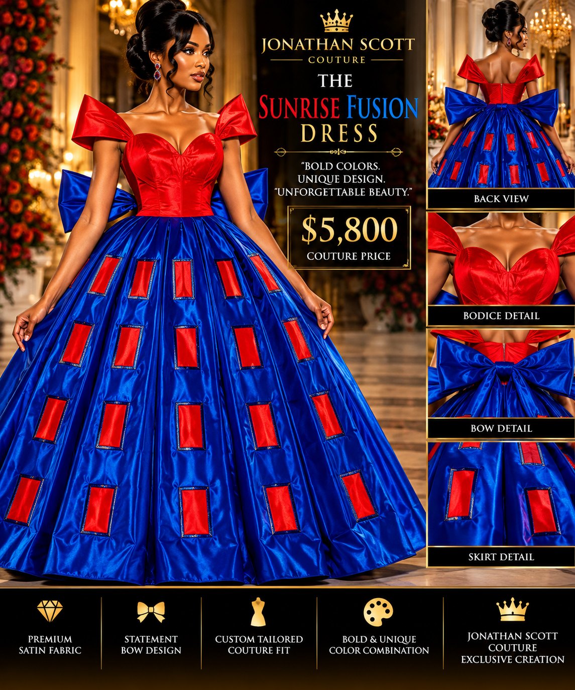 The Sunrise Fusion Dress: a ball gown with a red satin sweetheart bodice and bow sleeves, a full royal blue satin skirt with red rectangle panels, and a large royal blue bow at the back