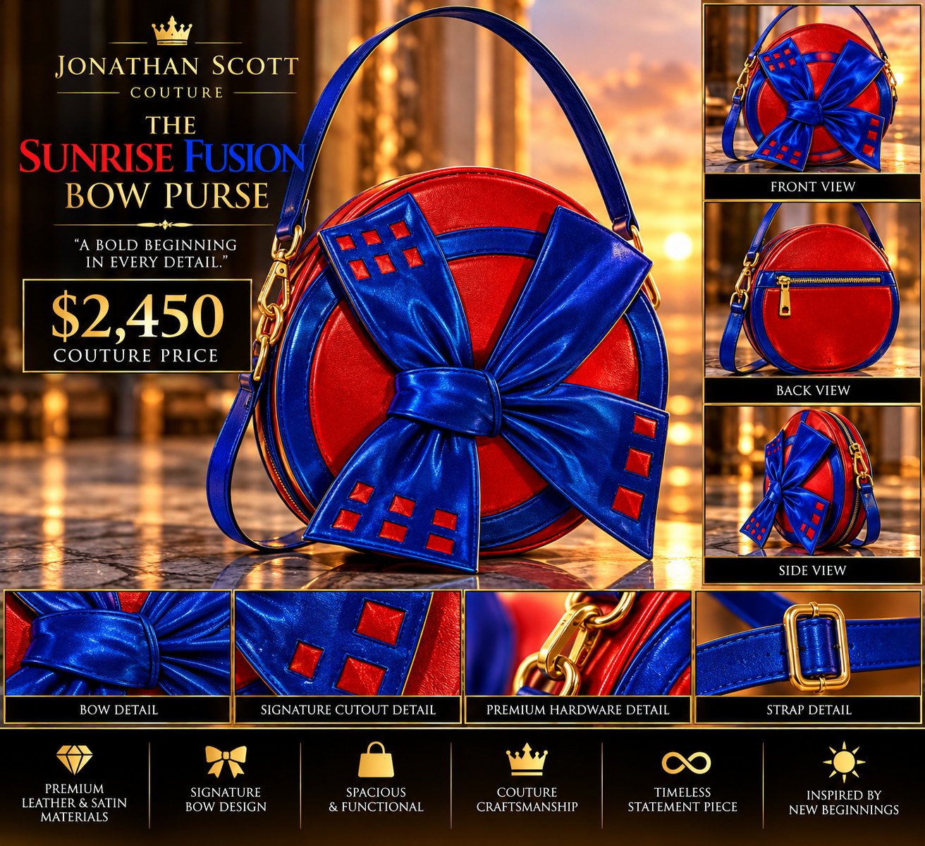 The Sunrise Fusion Bow Purse: a round red leather bag with a royal blue rim, a large royal blue bow with red square cutouts, a royal blue strap, and gold hardware