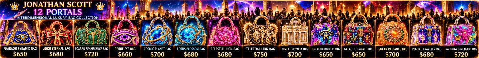 12 Portals: a row of jeweled luxury handbags with Egyptian, cosmic, and galaxy designs