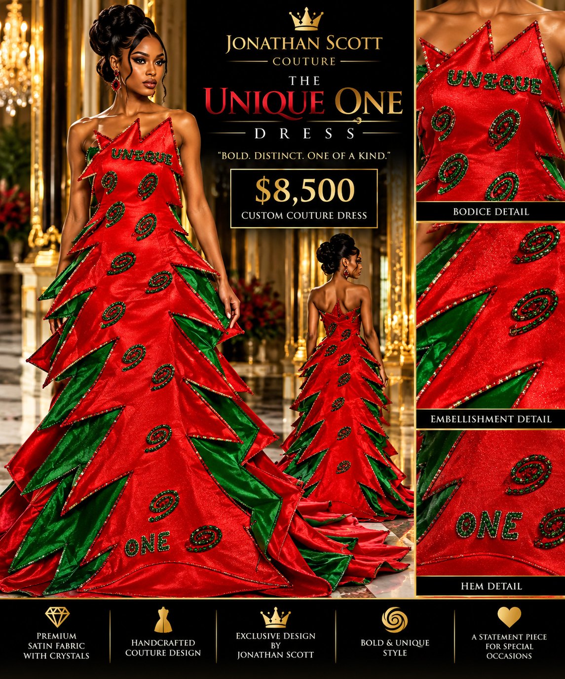 The Unique One Dress: a red satin gown with layered green-lined pointed tiers, crystal-edged points, beaded green swirls, and the words UNIQUE on the bodice and ONE at the hem