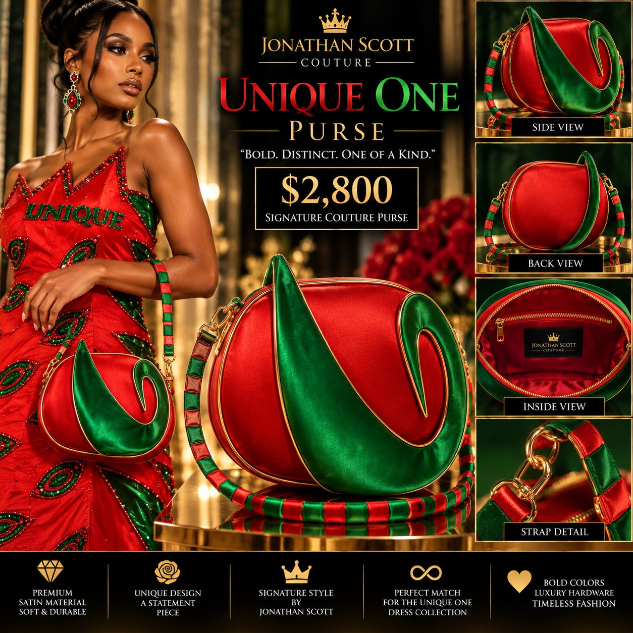 The Unique One Purse: a round red satin bag with a sweeping green satin swirl, gold piping, a red and green striped strap, and red satin lining