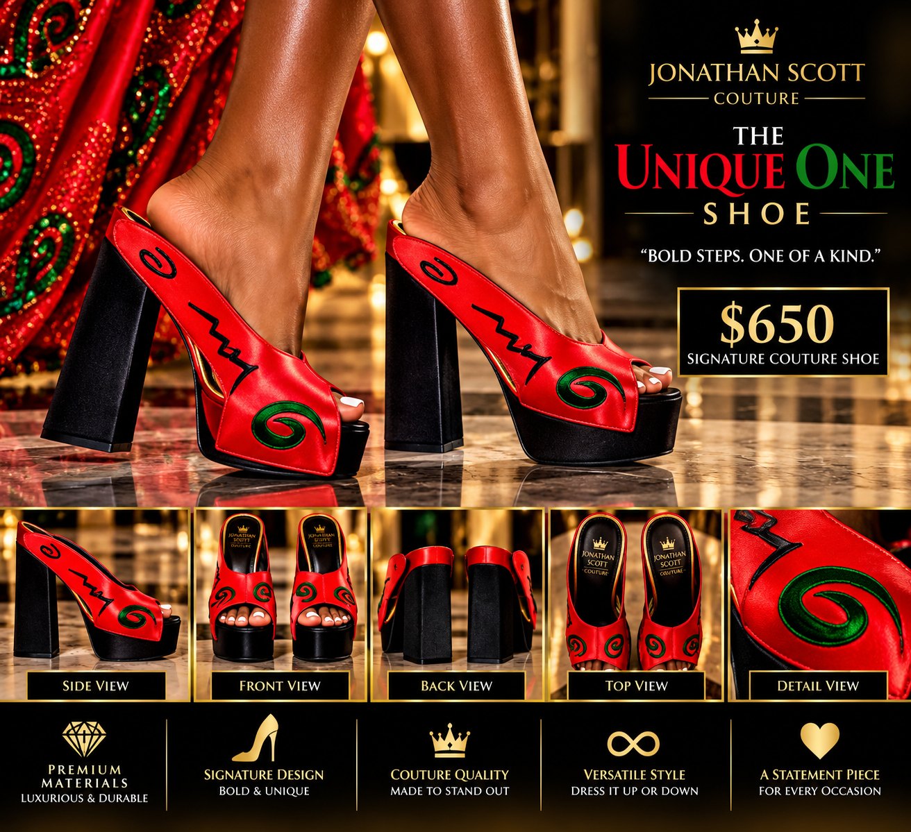 The Unique One Shoe: a red satin peep-toe platform mule with black and green embroidered swirls and a black block heel