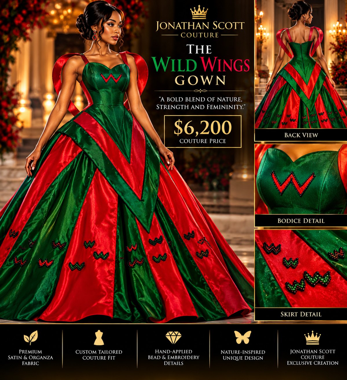 The Wild Wings Gown: a green and red satin ball gown with a green sweetheart bodice, red wing-shaped shoulder straps, chevron skirt panels, and beaded W details