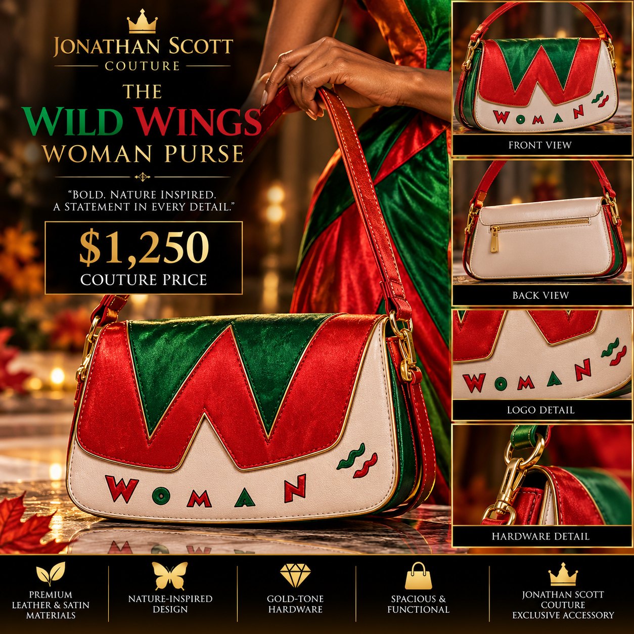 The Wild Wings Woman Purse: a cream shoulder bag with a red and green satin W flap, the word WOMAN in red and green letters, a red strap, and gold hardware